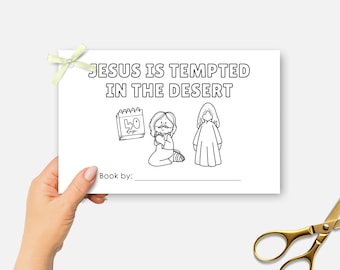 Jesus is Tempted in the Desert, Printable Mini Bible Book, Sunday School Craft, Kids Bible Coloring Activity, Half Page Bible Story Book