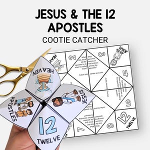 May include: A white paper cootie catcher with the text "JESUS & THE 12 APOSTLES" and illustrations. The cootie catcher is held open, with gold scissors to the side. The text "TWELVE" and "APOSTLES" are visible.