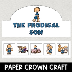 Pode incluir: Uma coroa de papel artesanal para crianças que apresenta a história do filho pródigo. A coroa tem cinco painéis com ilustrações da história. A coroa é branca com detalhes azuis e pretos.
