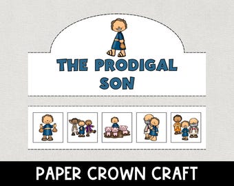 Puede incluir: Una manualidad de corona de papel para niños que presenta la historia del hijo pródigo. La corona tiene cinco paneles con ilustraciones de la historia. La corona es blanca con detalles azules y negros.