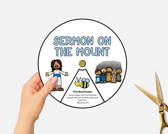 Sermón del Monte, Rueda para colorear imprimible de las enseñanzas de Jesús, Manualidad de Pascua para la escuela dominical, Rueda giratoria para lecciones bíblicas cristianas