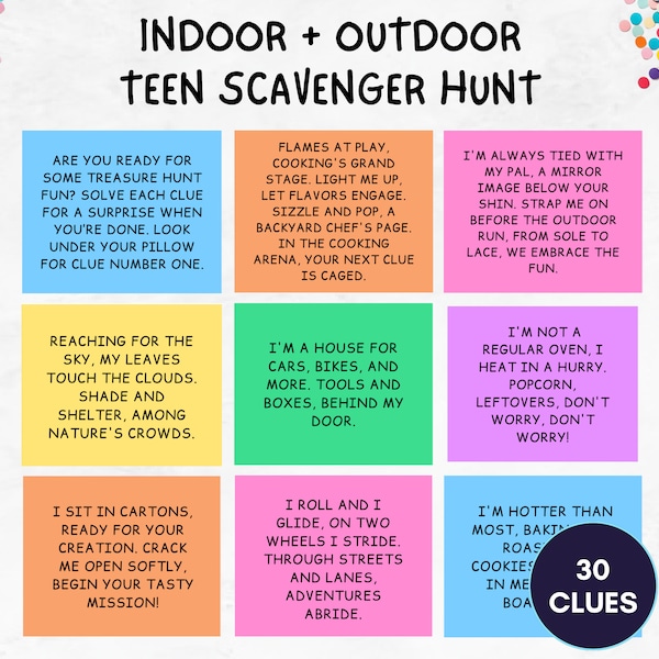 Indoor and Outdoor Scavenger Hunt, Teen and Tween Treasure Hunt Clues, Riddle Scavenger Hunt for Older Kids, Teen Birthday Party Games