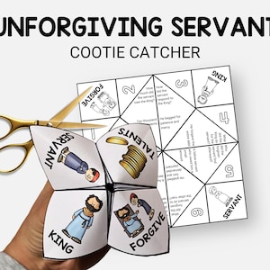 Könnte beinhalten: Ein weißer Papier-Knicker mit dem Text "UNFORGIVING SERVANT" und "COOTIE CATCHER". Der Knicker ist gefaltet und zeigt Illustrationen und die Wörter "FORGIVE", "KING" und "SERVANT". Goldene Scheren liegen neben dem Knicker.