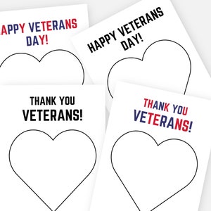 K&ouml;nnte beinhalten: Vier wei&szlig;e Karten mit Herzumrissen und Text in Rot, Wei&szlig; und Blau. Die Karten tragen die Aufschrift "HAPPY VETERANS DAY!" und "THANK YOU VETERANS!" in einem patriotischen Design, passend f&uuml;r den Veteranentag.