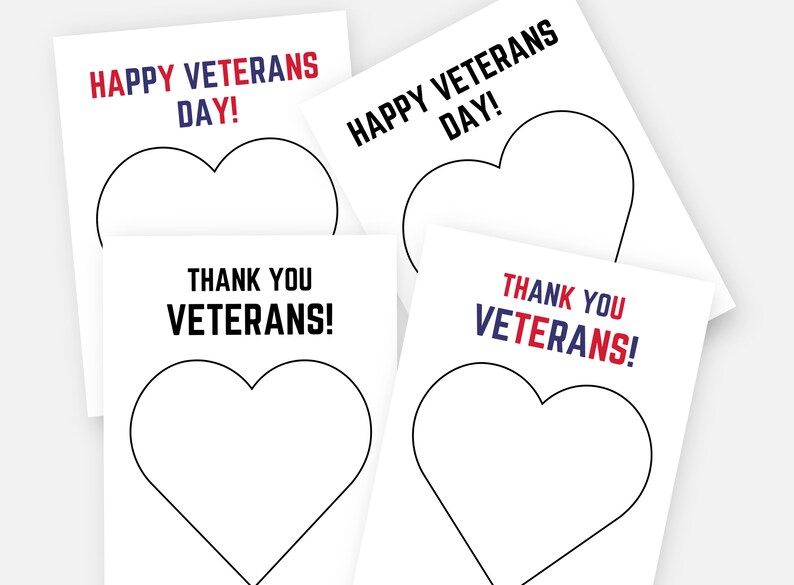 K&ouml;nnte beinhalten: Vier wei&szlig;e Karten mit Herzumrissen und Text in Rot, Wei&szlig; und Blau. Die Karten tragen die Aufschrift "HAPPY VETERANS DAY!" und "THANK YOU VETERANS!" in einem patriotischen Design, passend f&uuml;r den Veteranentag.