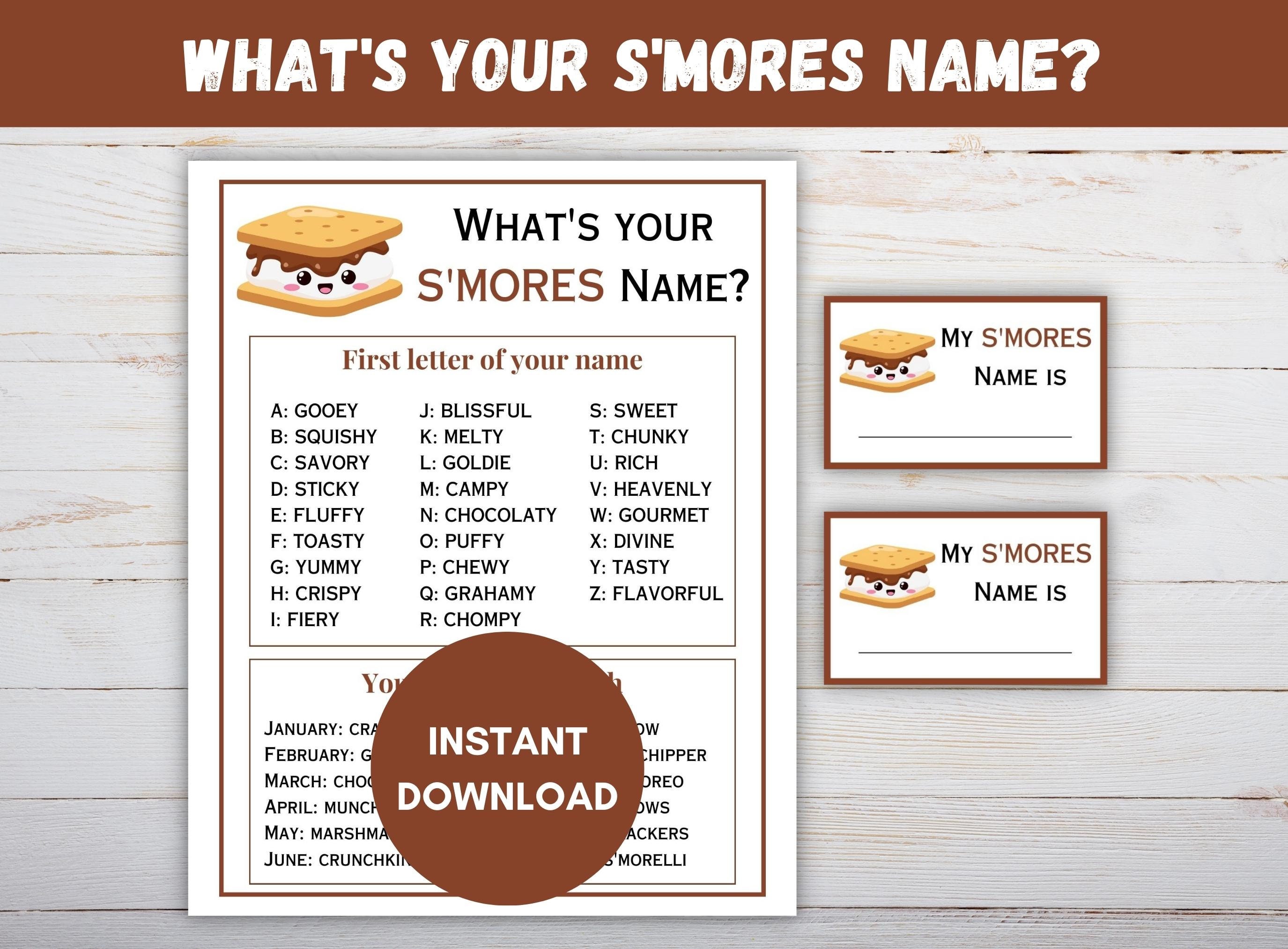 What's Your S'mores Name Game (1 S'mores Sign and 30 Name Tag Stickers),  S'mores Game Party Decoration, Birthday Game for Kids, Family Game-28