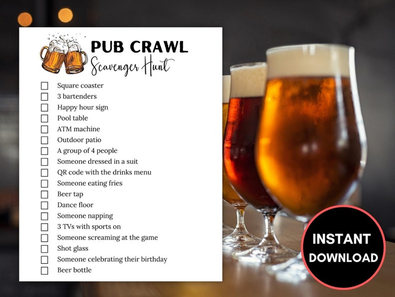 Bar Crawl Scavenger Hunt, Pub Crawl Scavenger Hunt, Pub Crawl Game, Bar Crawl Activity, Bar