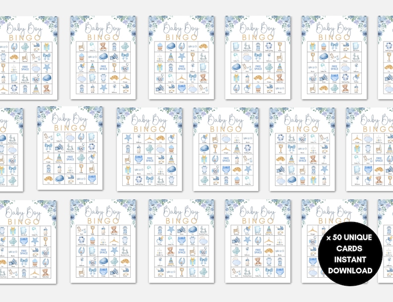 May include: Fifty printable baby shower bingo cards with a blue and gold color scheme. The cards feature a floral design and the text "Baby Boy Bingo".
