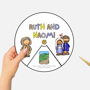 May include: A printable craft activity featuring Ruth and Naomi from the Bible. The craft includes a circle with images of Ruth, Naomi, and a path, along with the text "Ruth and Naomi" and "Naomi and her family moved to Moab because of a famine."