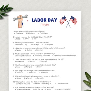 Labor Day Trivia, Fun Printable Labor Day Game for Kids and Adults, Trivia Questions, Classroom Patriotic Activity, Seniors Game, Family BBQ