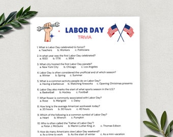Labor Day Trivia, Fun Printable Labor Day Game for Kids and Adults, Trivia Questions, Classroom Patriotic Activity, Seniors Game, Family BBQ