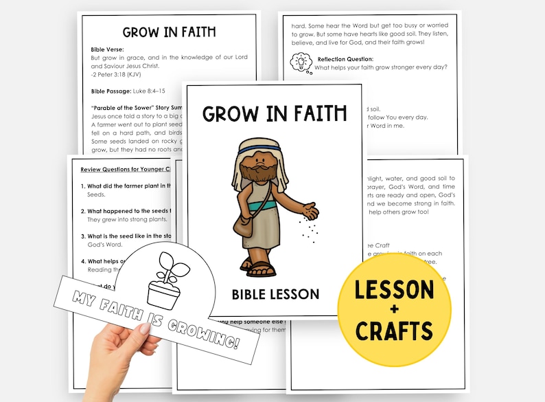 May include: Educational materials for children, featuring a Bible lesson titled "Grow in Faith." The image includes a cartoon illustration of a man sowing seeds, along with the text "Bible Lesson" and "Lesson + Crafts."