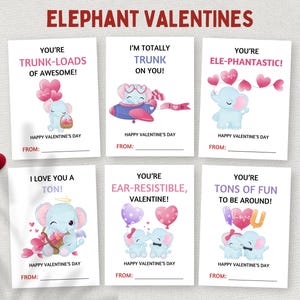 Elefante Valentine, imprimíveis Classroom Valentines, etiquetas de presente para estudantes, cartões de escola para crianças Valentines, pré-escola Toddler Valentines