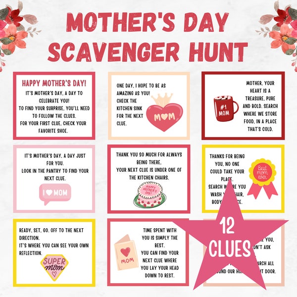 Mother's Day Scavenger Hunt, Indoor Treasure Hunt Clues, Surprise Present for Mom, Best Gift for Mum, Mothers Day Activity, Digital Download