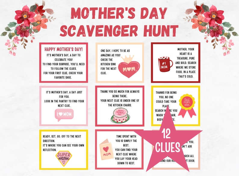 Mother's Day Scavenger Hunt, Indoor Treasure Hunt Clues, Surprise Present for Mom, Best Gift for Mum, Mothers Day Activity, Digital Download image 1