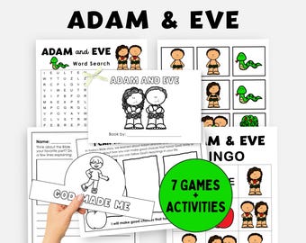 May include: Black and white printable activity pack for children featuring Adam and Eve. The pack includes a word search, bingo game, and other activities. The text "7 Games + Activities" is highlighted in green.