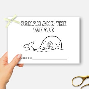 Jonah and the Whale, Printable Mini Bible Book, Sunday School Craft, Kids Bible Lesson Coloring Book, Half Page Bible Story Activity