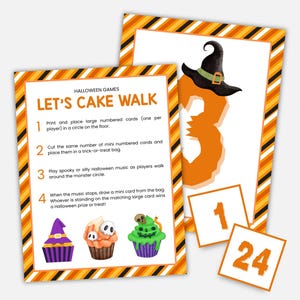 May include: Halloween-themed game cards with orange, black, and white accents. The cards feature the text "LET'S CAKE WALK" and instructions for playing. Additional cards display the numbers 1, 3, and 24. The image includes illustrations of cupcakes.
