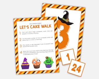 Może przedstawiać: Karty do gry o tematyce Halloween z pomarańczowymi, czarnymi i białymi obramowaniami. Karty wyświetlają tekst "LET'S CAKE WALK" i instrukcje. Ponumerowane karty pokazują 1, 3 i 24. Obraz zawiera ilustracje babeczek.