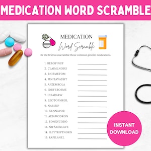 Generic Medication Scramble, Printable Pharmacy/Medical Games, Doctor/Nurse Graduation Party, White Coat Ceremony, Retirement, Student Games