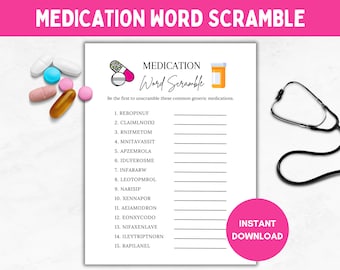 Generic Medication Scramble, Printable Pharmacy/Medical Games, Doctor/Nurse Graduation Party, White Coat Ceremony, Retirement, Student Games