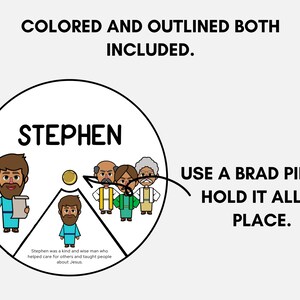 May include: A circular graphic with the name "STEPHEN" and cartoon illustrations of people. Text reads "COLORED AND OUTLINED BOTH INCLUDED" and "USE A BRAD PIN TO HOLD IT ALL IN PLACE." A quote about Stephen is also included.