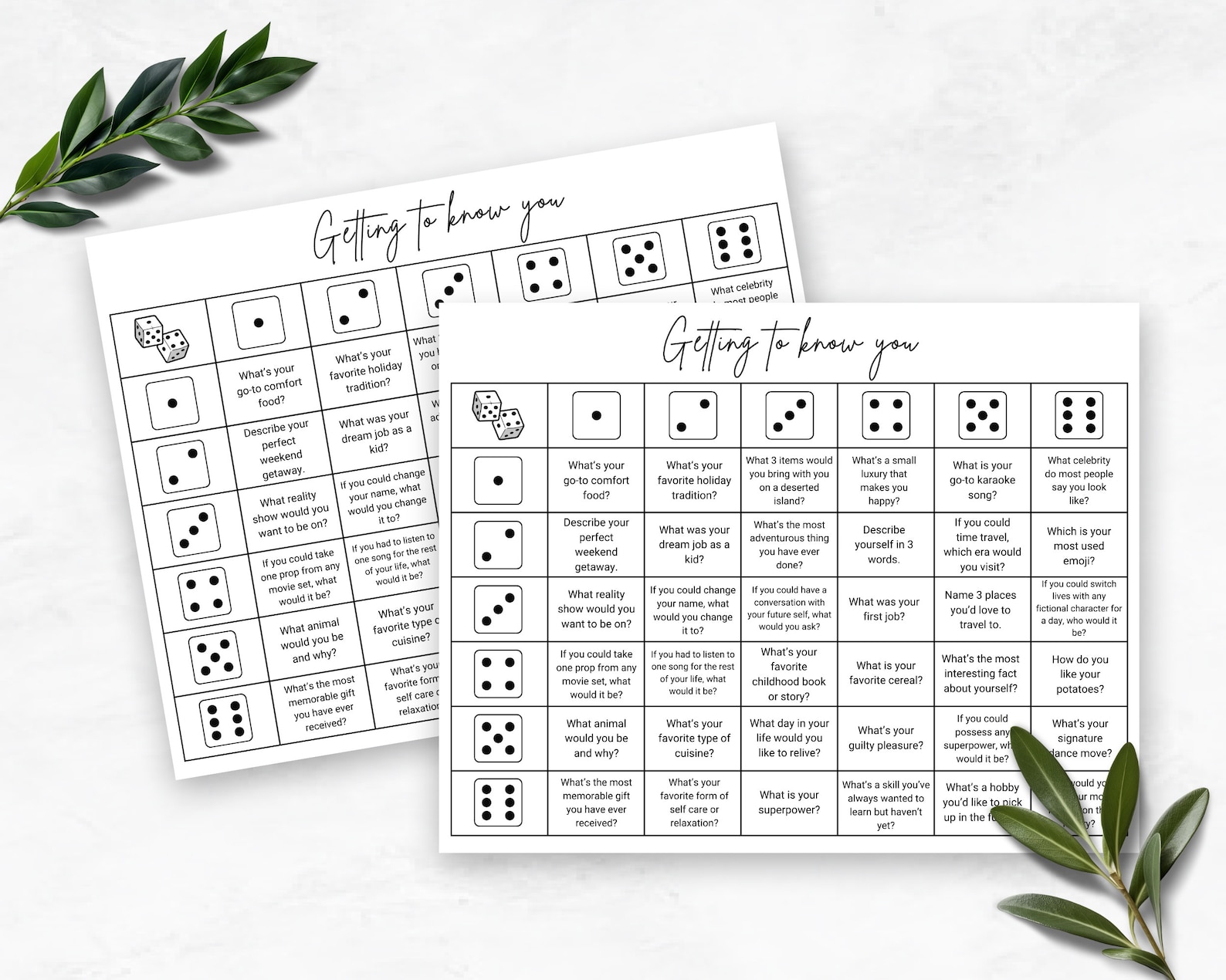 Printable Dicebreaker Game, Get to Know You, Roll and Tell Dice Game