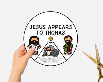 Op de afbeelding: Een cirkelvormige illustratie met de tekst "JESUS APPEARS TO THOMAS". De afbeelding toont Jezus en twee andere figuren. De tekst onderaan luidt: "Nadat Jezus uit de dood was opgestaan, verscheen Hij aan zijn discipelen, maar Thomas was er niet."