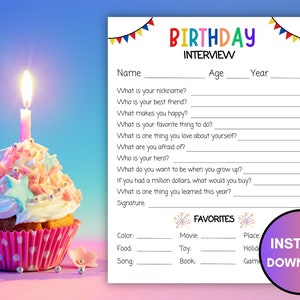 Printable Kids Birthday Interview, All About Me Questionnaire, Annual Interview, Birthday Keepsake, Birthday Form, Birthday Questions
