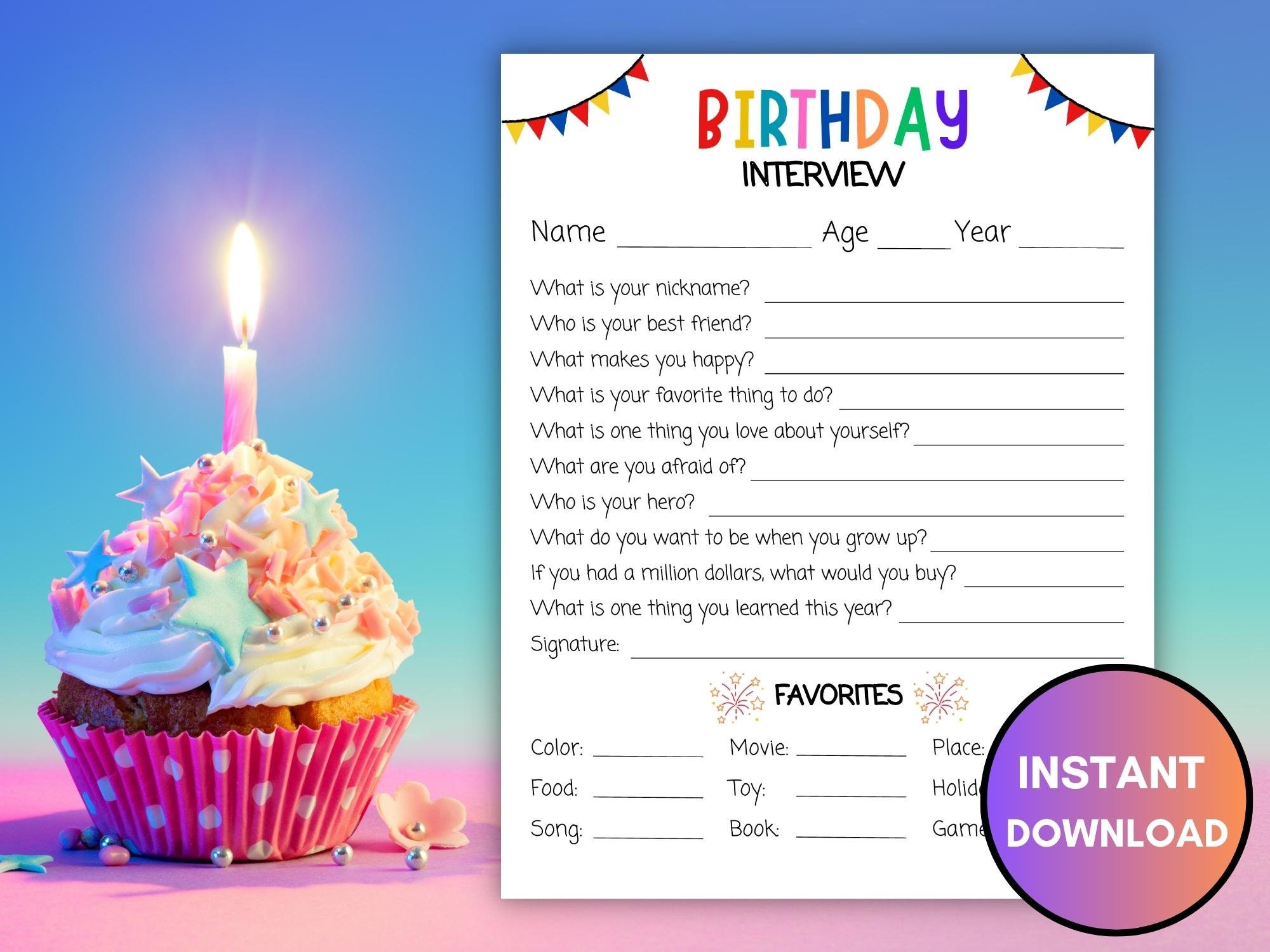 Printable Kids Birthday Interview, All About Me Questionnaire, Annual