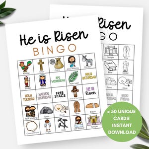 Er ist auferstandenes Bingo, druckbare Auferstehungs-Bingokarten, Fastengruppenspiel, religiöses Ostern, Karwoche, Ostergeschichte der Sonntagsschule, Kirchenspiel