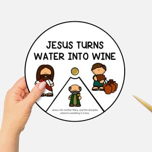 Gesù trasforma l'acqua in vino, miracoli di Gesù, ruota da colorare della Bibbia stampabile, lavoretto della scuola domenicale, ruota che gira con storie bibliche per bambini