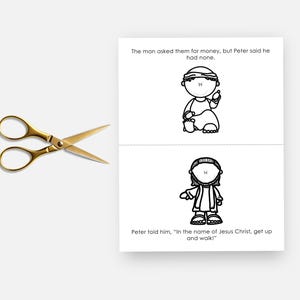 May include: A pair of gold-coloured scissors beside a children's book with black and white illustrations. The book has text that reads, "The man asked them for money, but Peter said he had none." and "Peter told him, 'In the name of Jesus Christ, get up and walk!'"