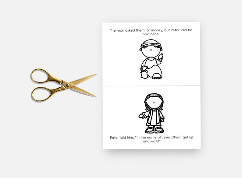 May include: A pair of gold-coloured scissors beside a children's book with black and white illustrations. The book has text that reads, "The man asked them for money, but Peter said he had none." and "Peter told him, 'In the name of Jesus Christ, get up and walk!'"