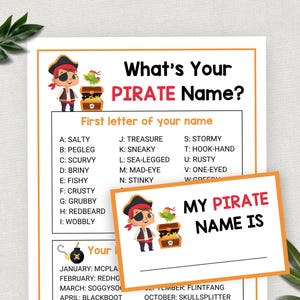 Whats Your Pirate Name, Sign & Tags, Pirate Theme Birthday Party, Pirate Games, Printable Pirate Baby Shower Icebreaker, Classroom Activity
