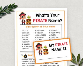 Whats Your Pirate Name, Sign & Tags, Pirate Theme Birthday Party, Pirate Games, Printable Pirate Baby Shower Icebreaker, Classroom Activity