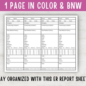 May include: A printable medical report sheet with four columns, each labeled "Room", "Name", "Age", "Sex", "Code", "Allergies", "Presenting Complaint", "Past Medical History", "CNS", "Resp", "CVS", "GIT", "Renal", "Skin", "Mobility", "Access", "Risks", "Labs", "ECG", "Scans", and "Plan". The sheet is designed for use in an emergency room.