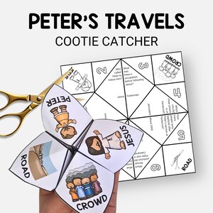 May include: A white paper cootie catcher with illustrations and text related to Peter's Travels. The cootie catcher is held open, displaying images of Peter, Jesus, and a crowd. Gold scissors are positioned next to the cootie catcher.