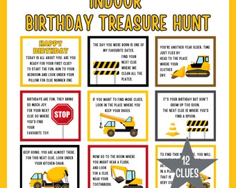 May include: A printable birthday treasure hunt game for kids with a construction theme. The game includes 12 clues with illustrations of construction vehicles and stop signs. The clues are written in a fun and engaging way, making it a great activity for a birthday party.