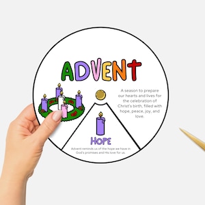 May include: A colorful paper wheel with the word "ADVENT" in rainbow letters. The wheel also includes a wreath with candles and the word "HOPE" in purple letters. The text reads "A season to prepare our hearts and lives for the celebration of Christ's birth, filled with hope, peace, joy, and love. Advent reminds us of the hope we have in God's promises and His love for us."