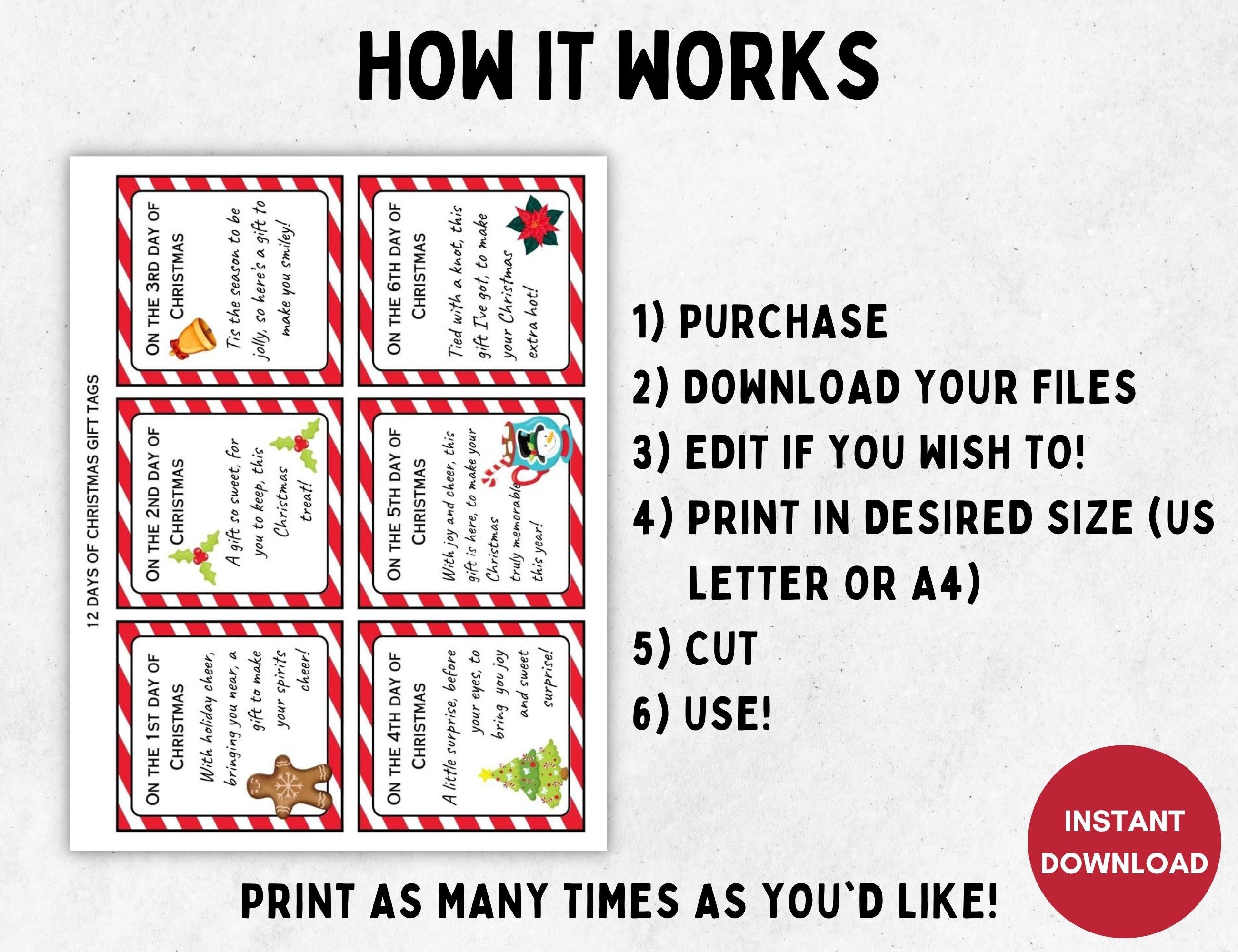 Editable 12 Days of Christmas Printable Tags, 12 Days of Christmas Gift