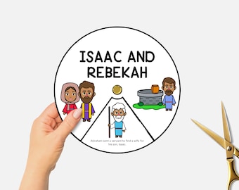 Isaac y Rebeca, Rueda para colorear bíblica imprimible, Manualidad para la escuela dominical, Estudio bíblico para niños, Historia bíblica de Rebeca en el pozo, Rueda giratoria