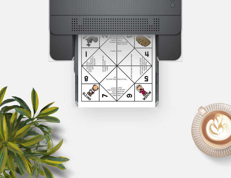 Puede incluir: Un juego de adivinanzas de papel impreso con ilustraciones y texto, saliendo de una impresora. El juego de adivinanzas presenta secciones numeradas con im&aacute;genes de una hogaza de pan, una piedra y figuras de dibujos animados etiquetadas como "El&iacute;as" y "Viuda". Una taza de caf&eacute; est&aacute; cerca.