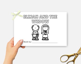 Elías y la viuda, minilibro bíblico imprimible, manualidad para la escuela dominical, actividad para colorear para niños, libro de historias bíblicas de media página