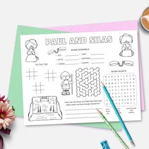 パウロとシラス、印刷可能な聖書アクティビティ プレースマット、日曜学校、子供向け聖書研究、聖書物語アクティビティ シート、キリスト教ホームスクール