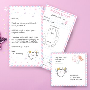 Mini lettre imprimable de la fée des dents et reçu, certificat modifiable de première dent perdue, note pastel de la fée des dents, édition sur Canva