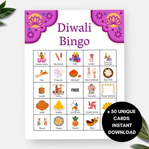 Bingo Diwali, 50 kart bingo Diwali, wydrukowana aktywność na imprezę Diwali dla dzieci i dorosłych, lodołamacz, indyjska gra świąteczna Desi