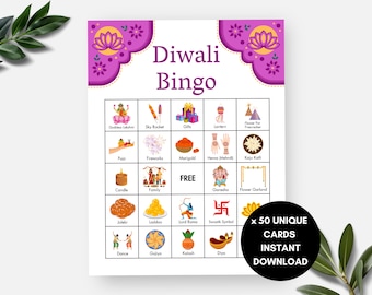 Diwali Bingo, 50 Diwali Bingo Cards, Printable Diwali Party Activity for Kids and Adults, Icebreaker, Desi Indian Holiday Game