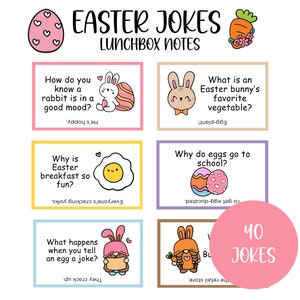 Blagues drôles de boîte à lunch de Pâques pour les enfants, 40 notes de boîte à lunch, farceurs de panier de Pâques, notes de déjeuner imprimables, cartes de blague de papa, téléchargement numérique