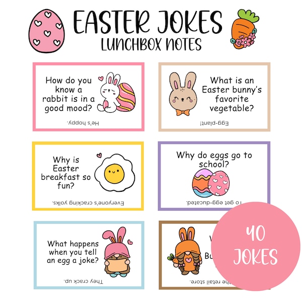 Funny Easter Lunchbox Jokes for Kids, 40 Lunchbox Notes, Easter Basket Stuffers, Printable Lunch Notes, Dad Joke Cards, Digital Download